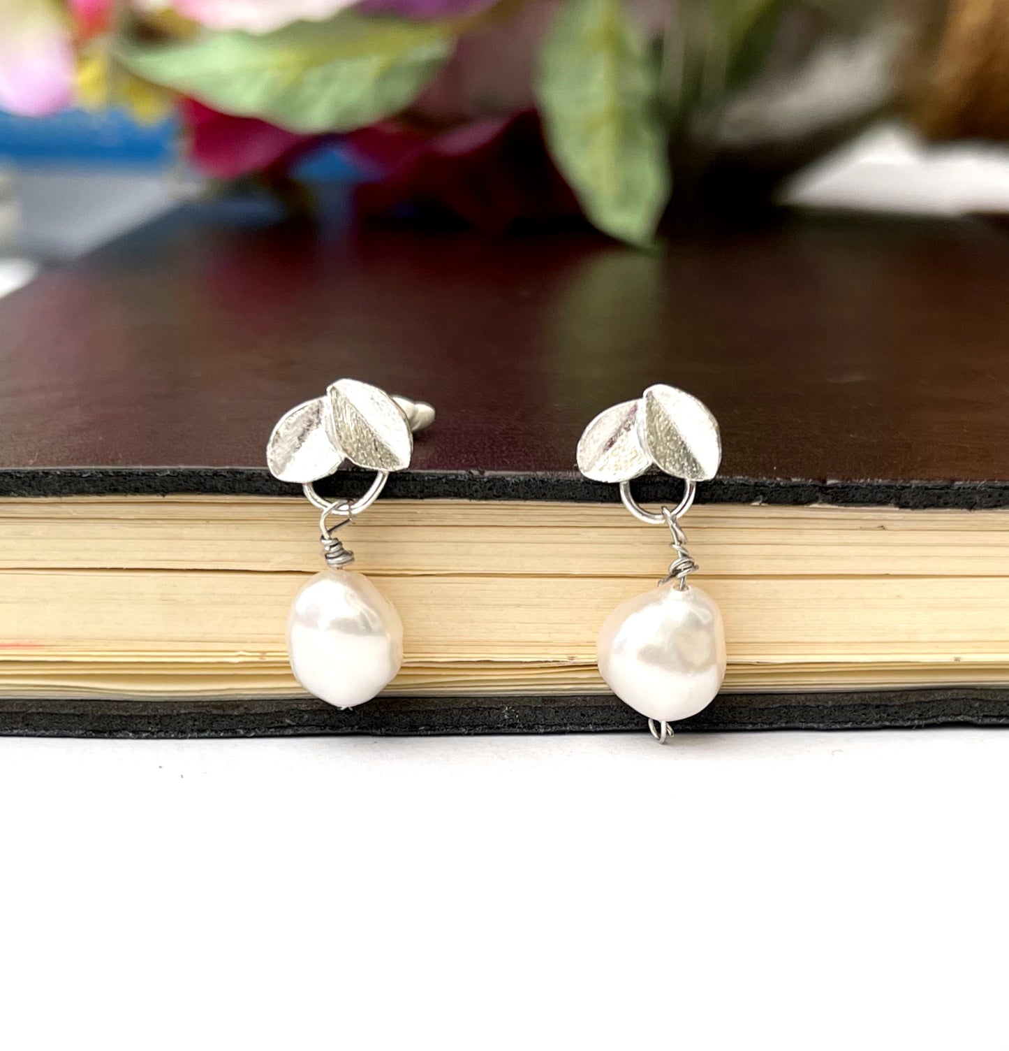 Baroque Pearl And Mini Leaf Sterling Silver Earrings