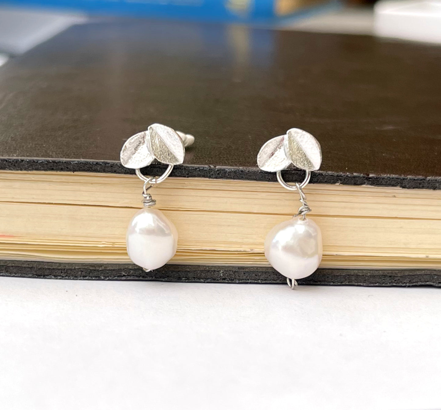 Baroque Pearl And Mini Leaf Sterling Silver Earrings