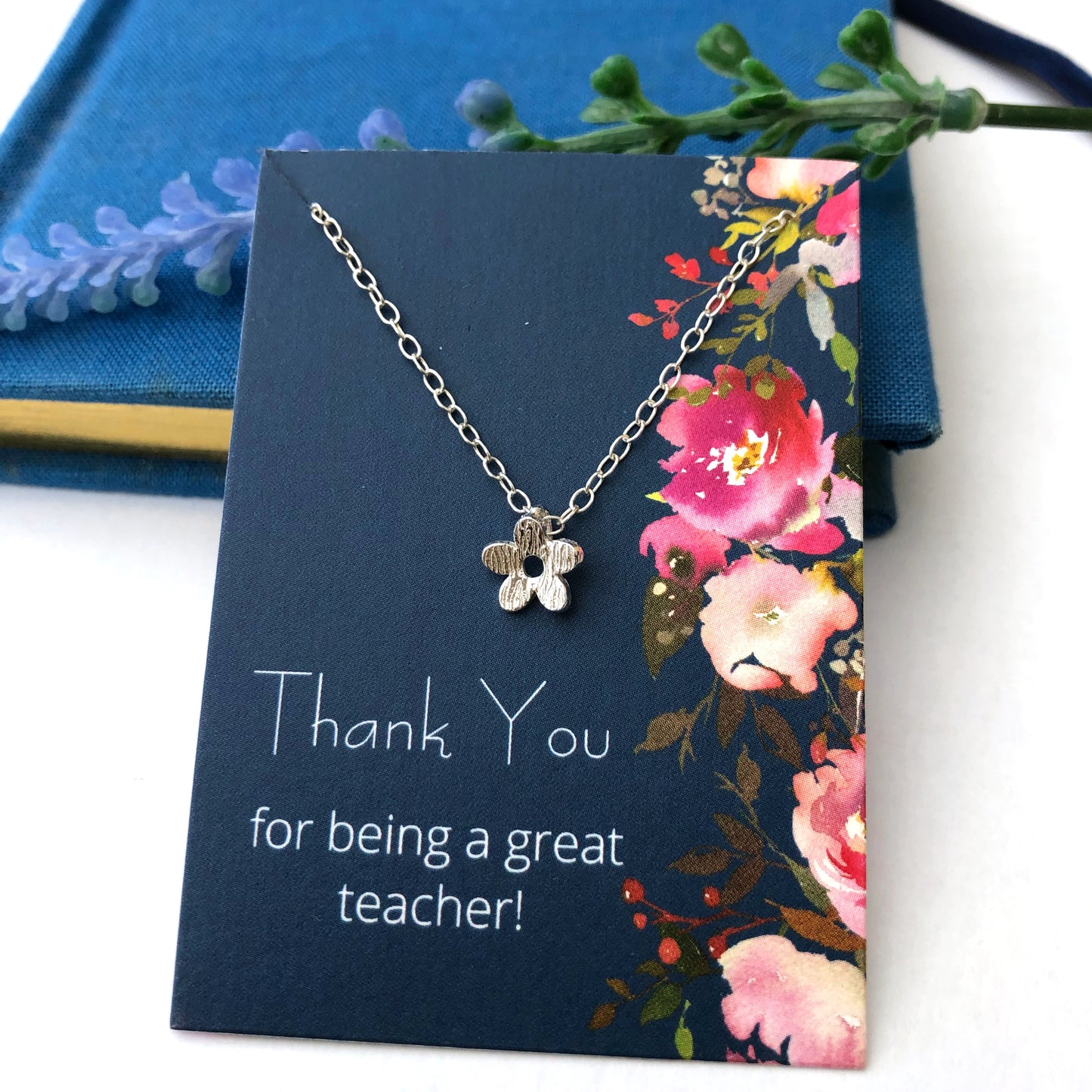 Sterling Silver Mini Textured Flower Necklace with thank you teacher gift card