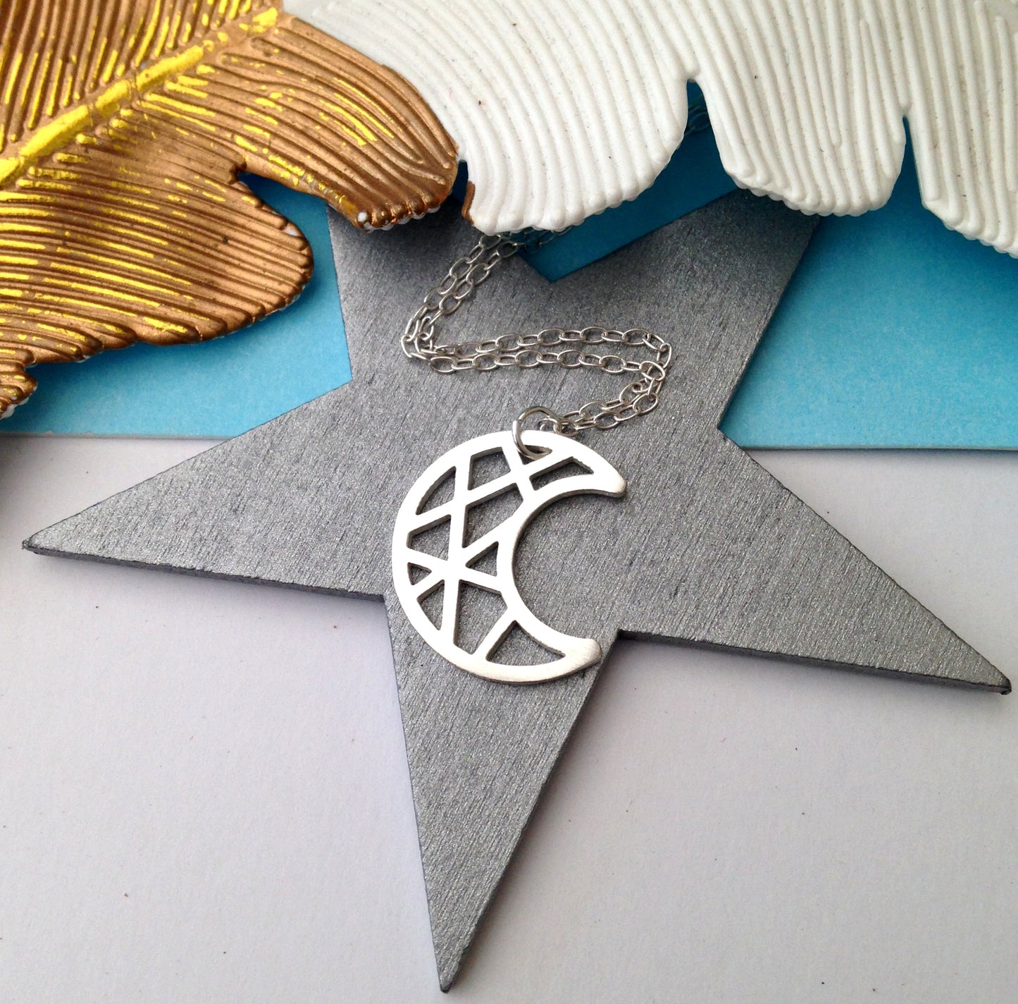 Sterling Silver Geometric Crescent Moon Necklace