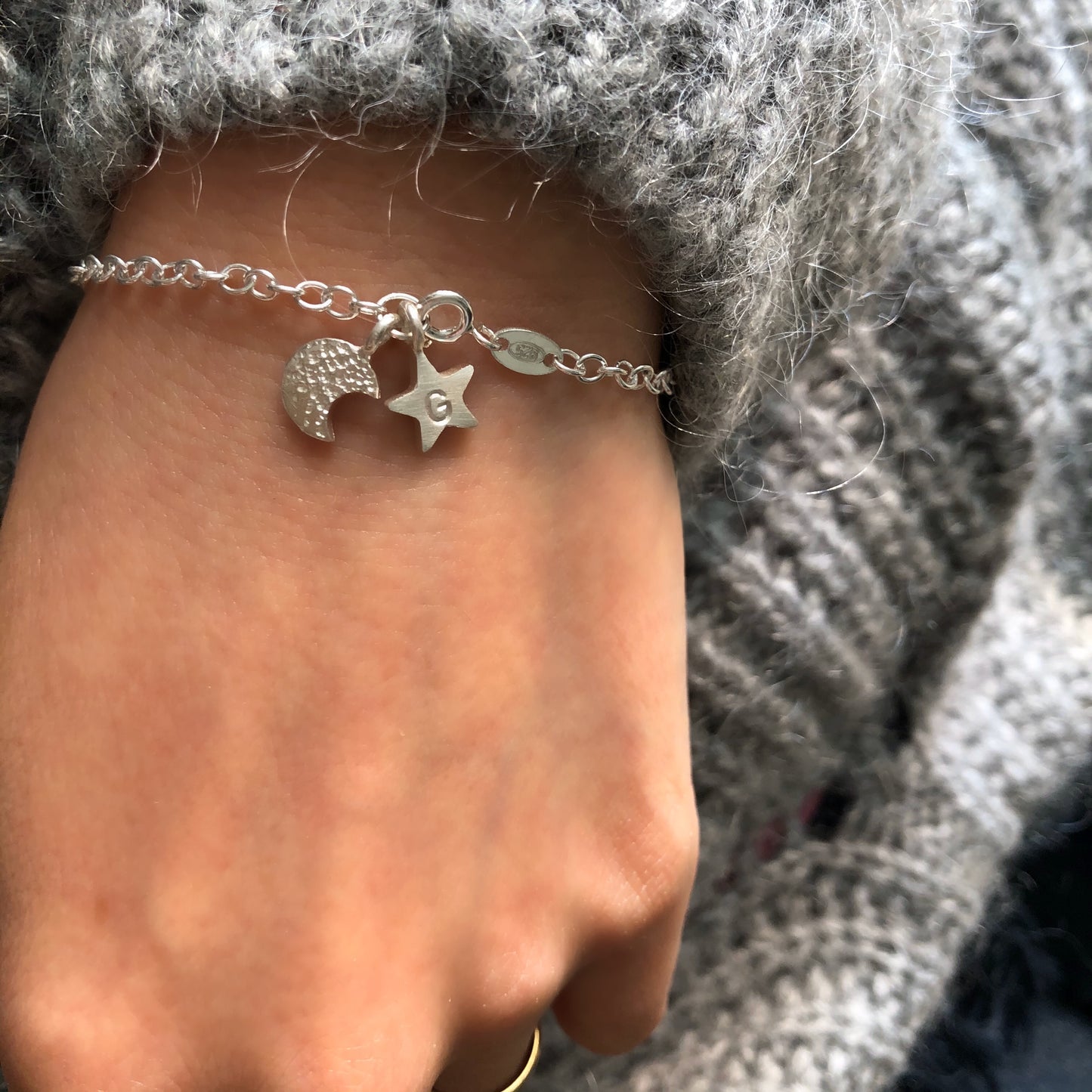 Personalised Sterling Silver Crescent Moon And Initial Star Bracelet
