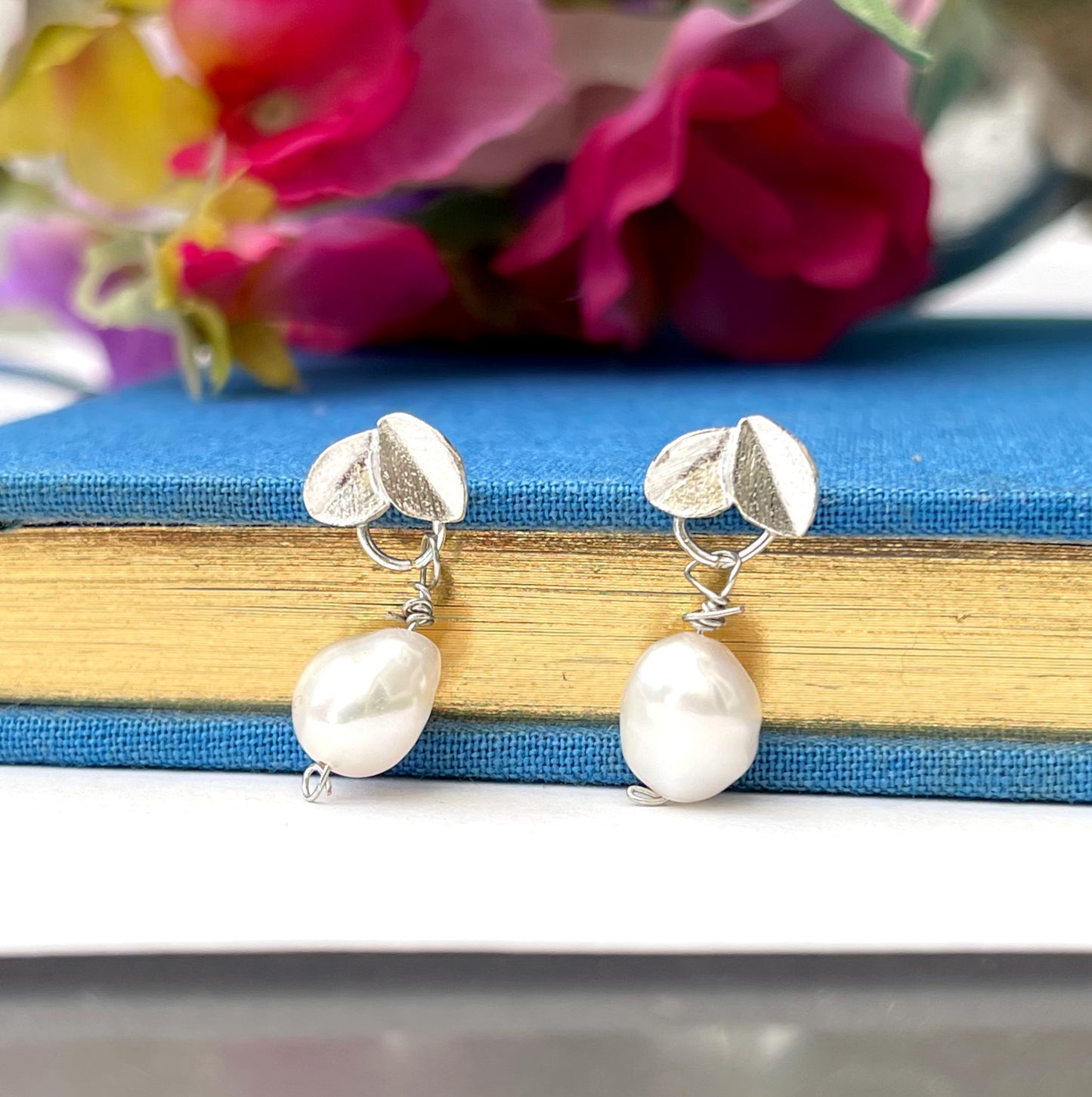 sterling silver leaf and pearl earrings