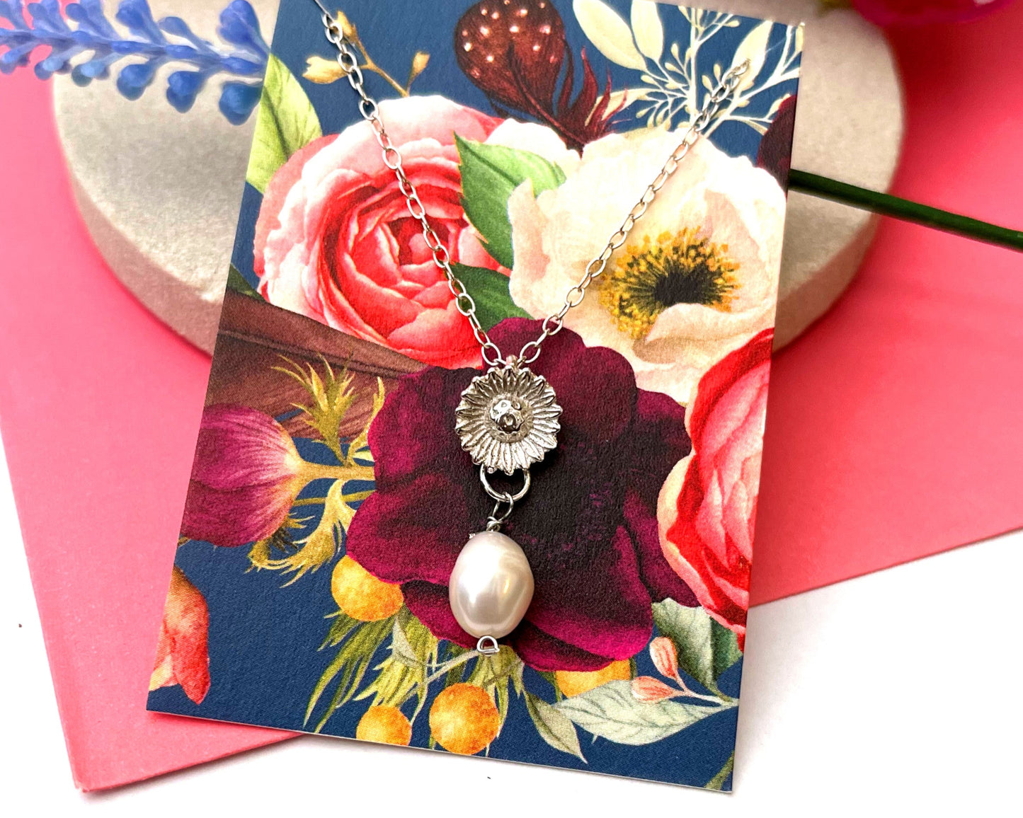 Baroque Pearl Sterling Silver Sunflower Necklace