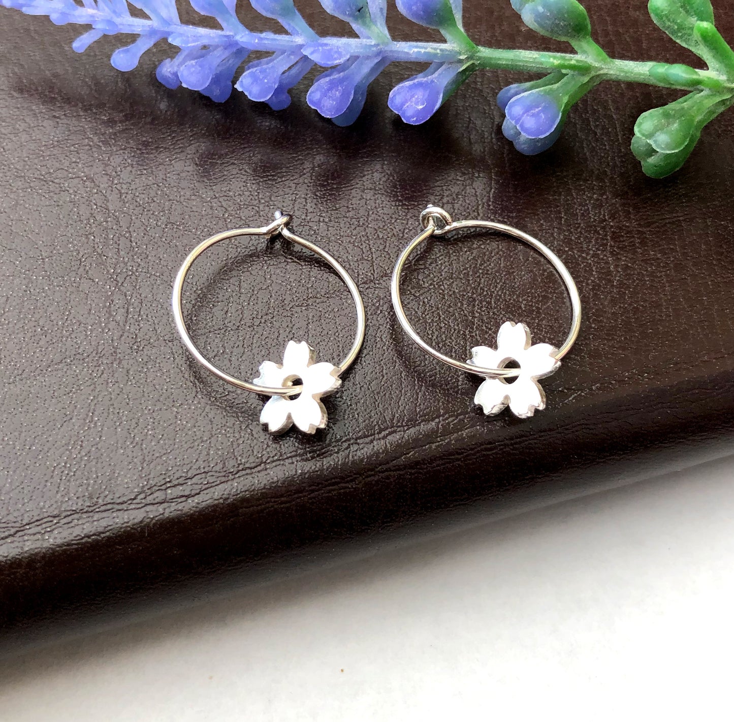 Sterling Silver Cherry Blossom Sakura Flower Hoop Earrings