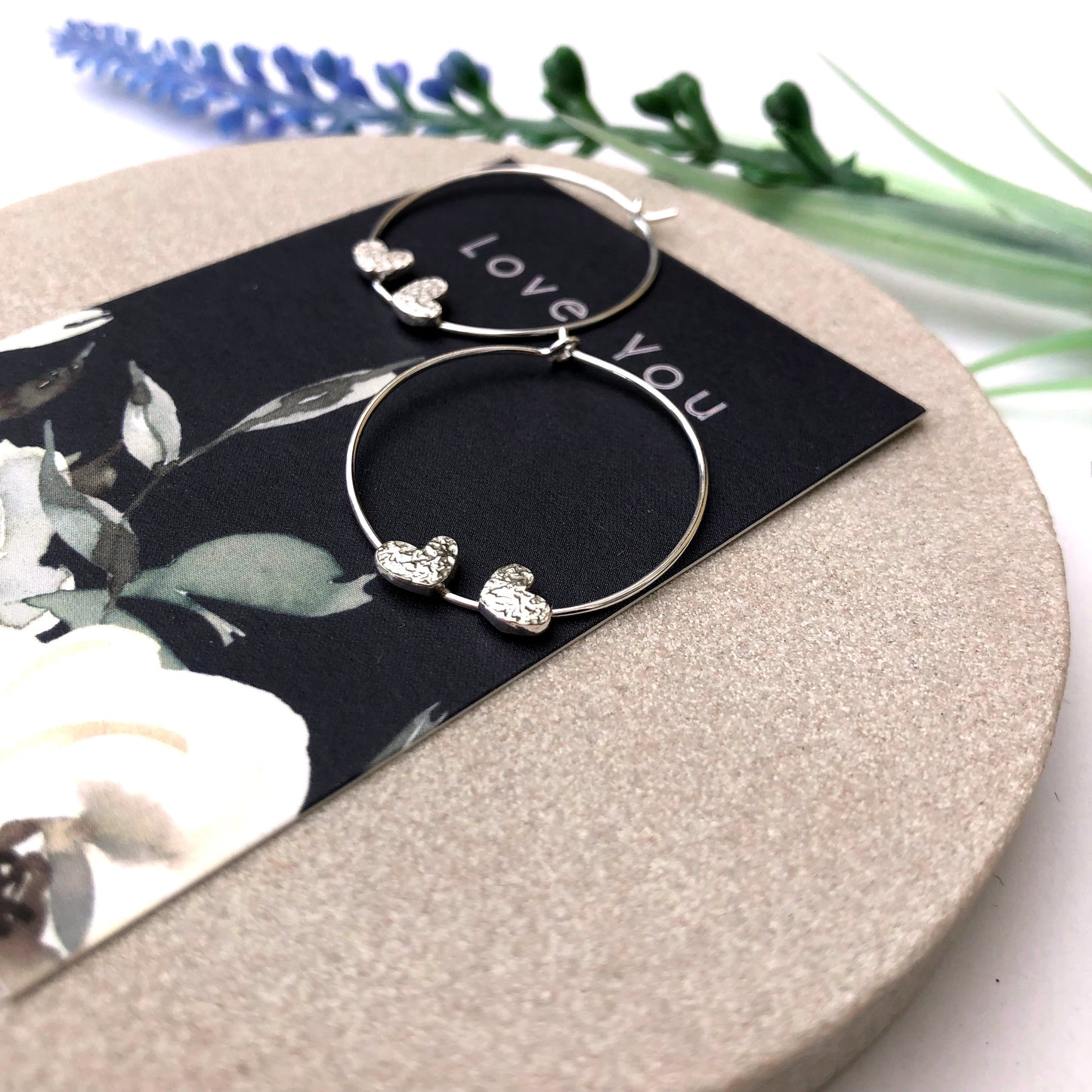 Double Heart Hoop Earrings, Sterling Silver Heart Huggie Hoop