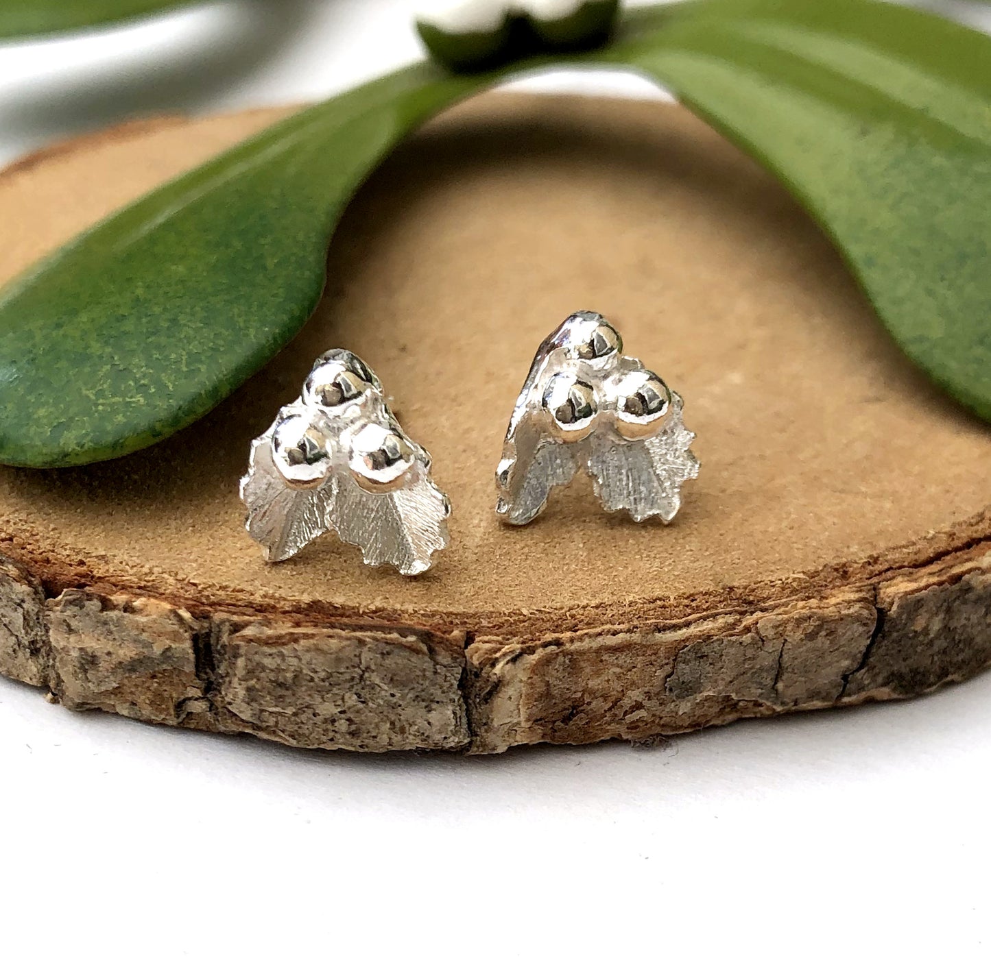 Sterling Silver Mini Holly Earrings, Small Holly Leaves Stud