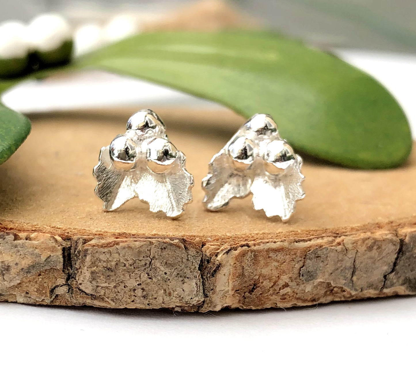 Sterling Silver Mini Holly Earrings, Small Holly Leaves Stud