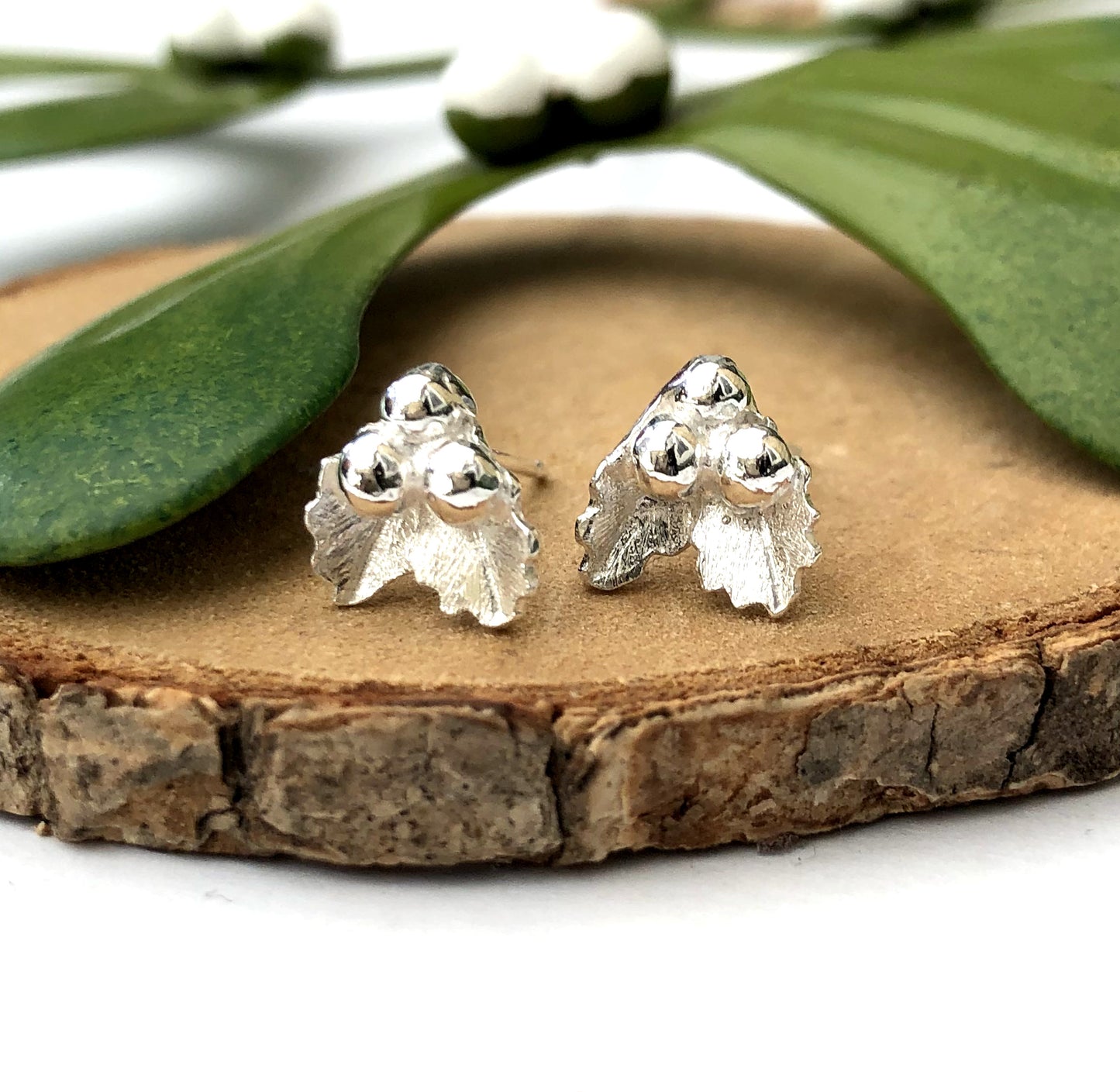 Sterling Silver Mini Holly Earrings, Small Holly Leaves Stud