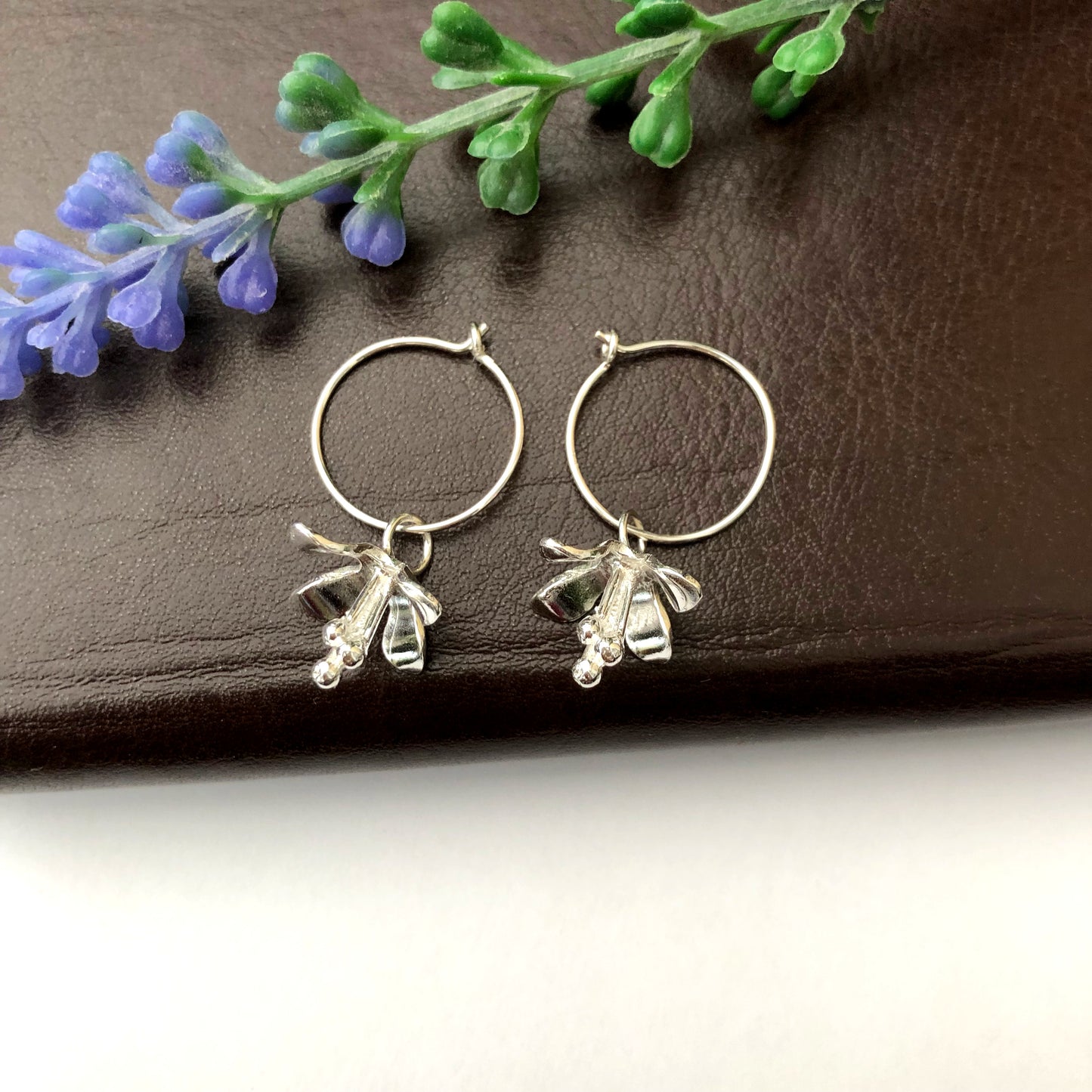 Lily Hoop Sterling Silver Earrings, Flower Drop Charm Huggies