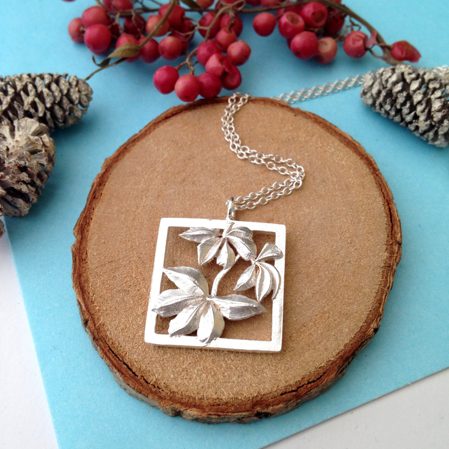 Sterling Silver Autumn Square Pendant Maple Leaf Necklace