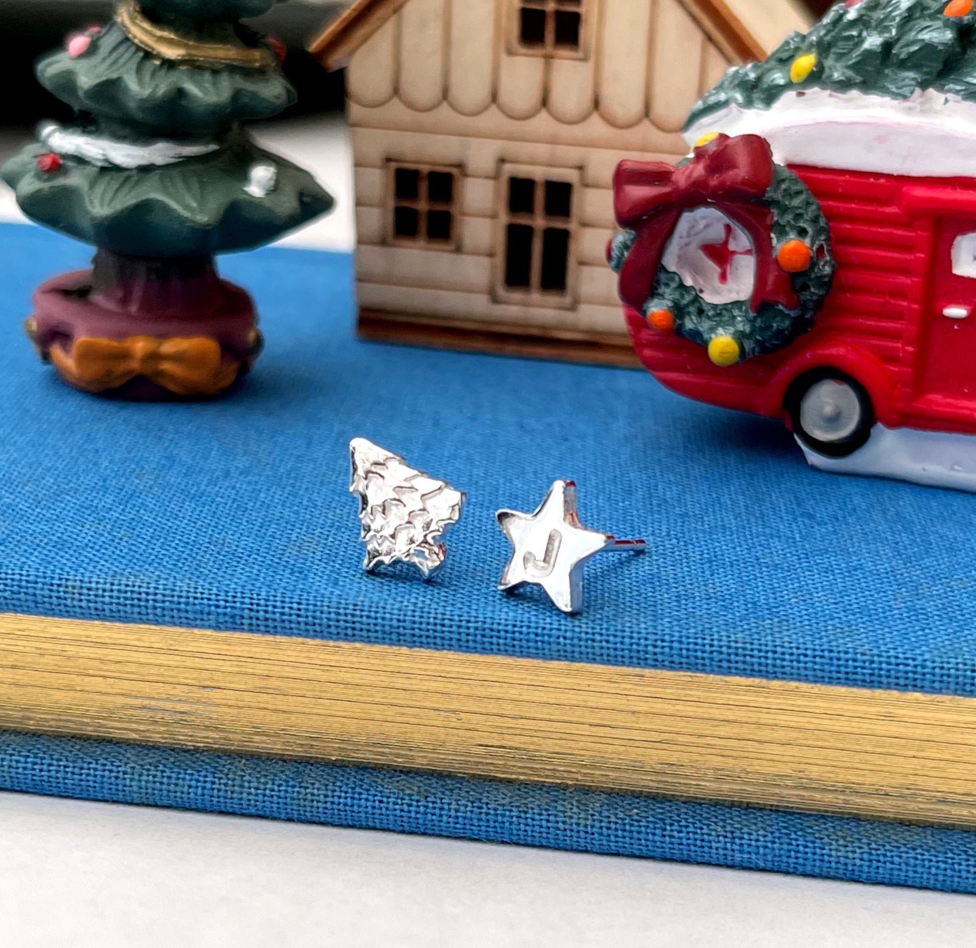 Personalised Sterling Silver Mismatched Christmas Tree Initial Star Earrings