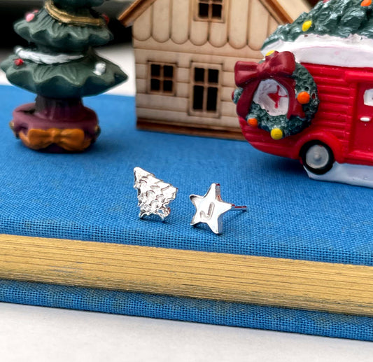 Personalised Sterling Silver Mismatched Christmas Tree Initial Star Earrings
