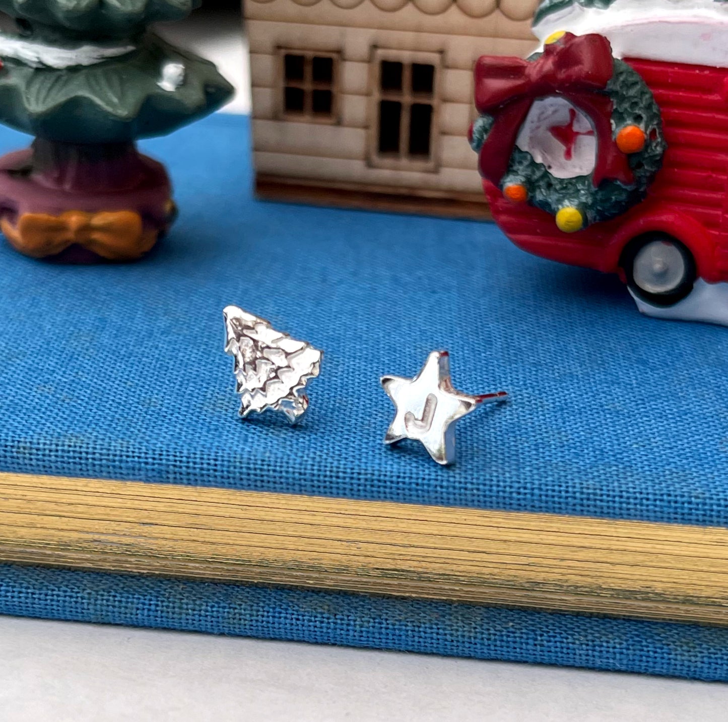 Personalised Sterling Silver Mismatched Christmas Tree And Initial Star Earrings
