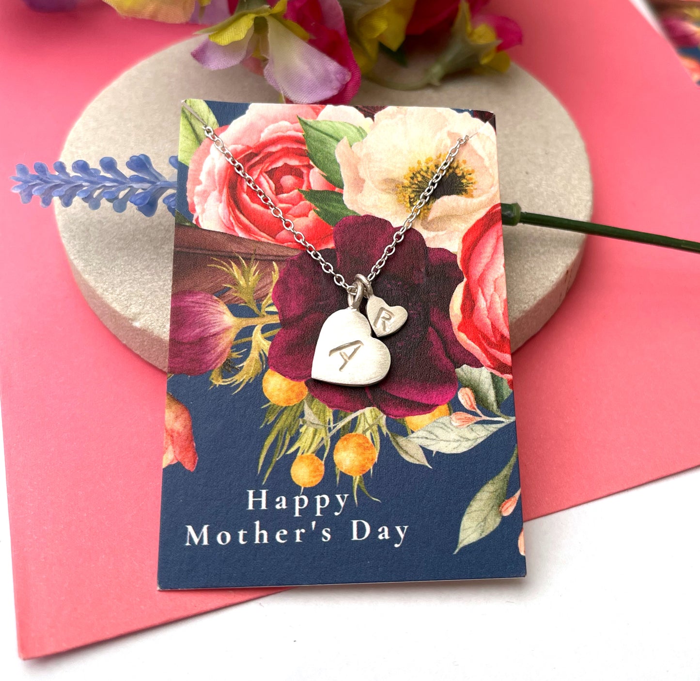 mother and child initial heart necklace, mother's day gift 