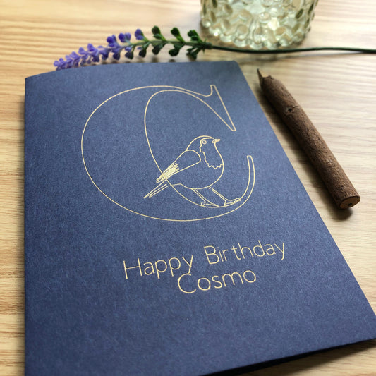 blue Personalised Robin Bird Gold Foil Birthday Card