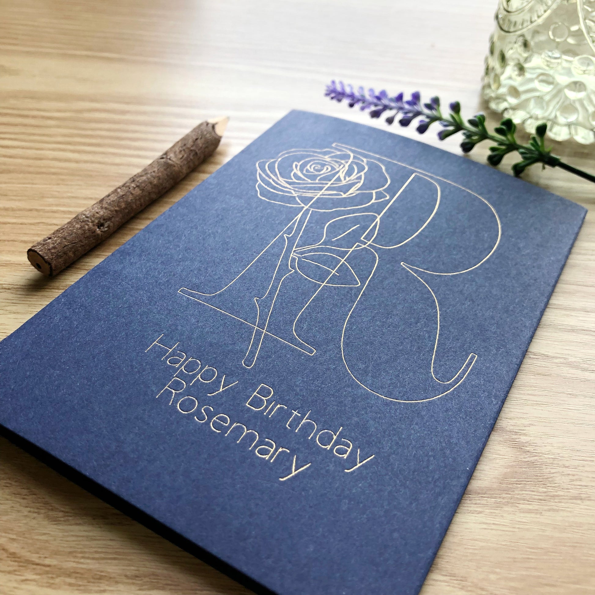 blue Personalised Initial Rose June Birth Flower Gold Foil Birthday Card