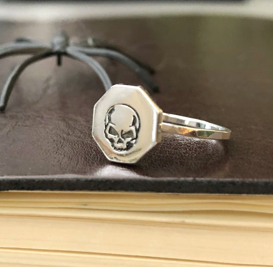 sterling Silver Angry Skull Hexagon Ring