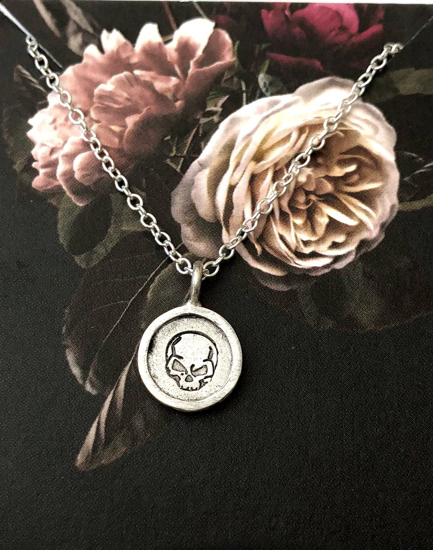 Sterling Silver Angry Skull Necklace with goth flower gift card