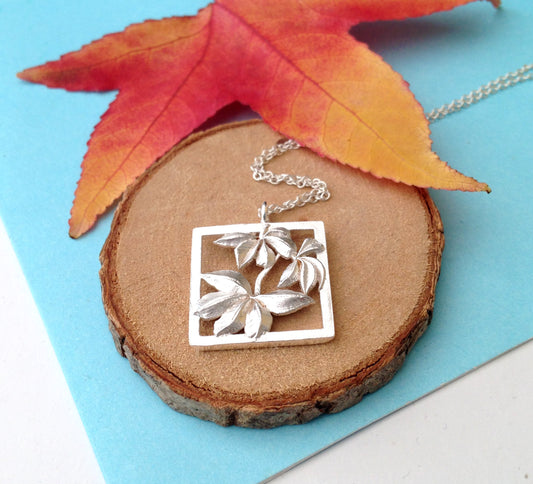 Sterling Silver Autumn Square Pendant Maple Leaf Necklace