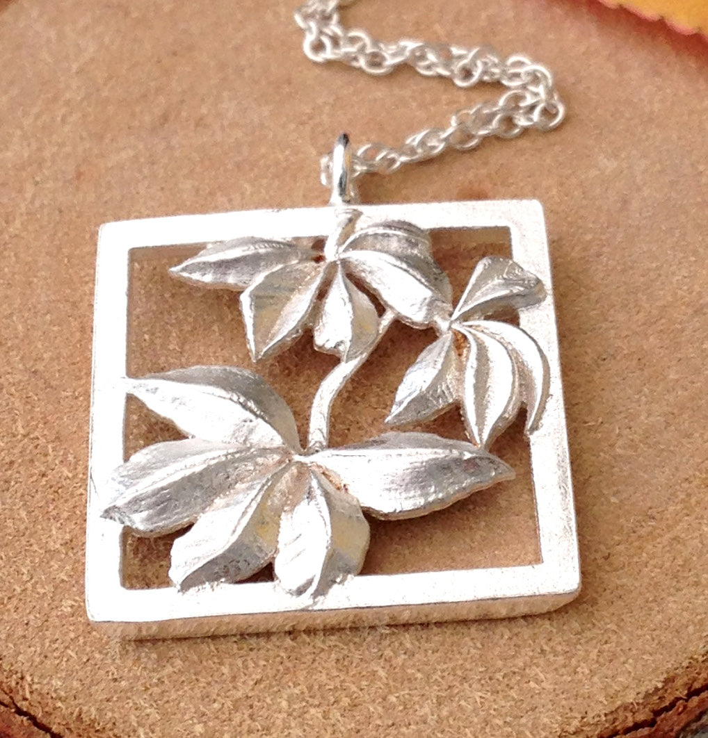 Sterling Silver Autumn Square Pendant Maple Leaf Necklace