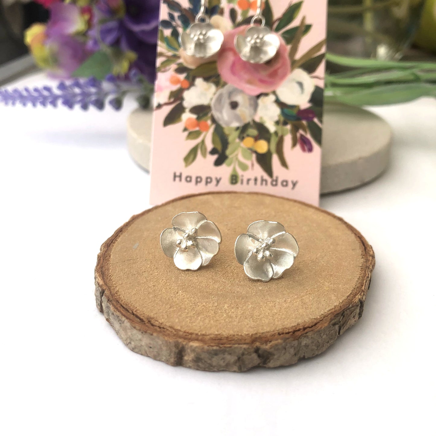 flower earrings with happy birthday card