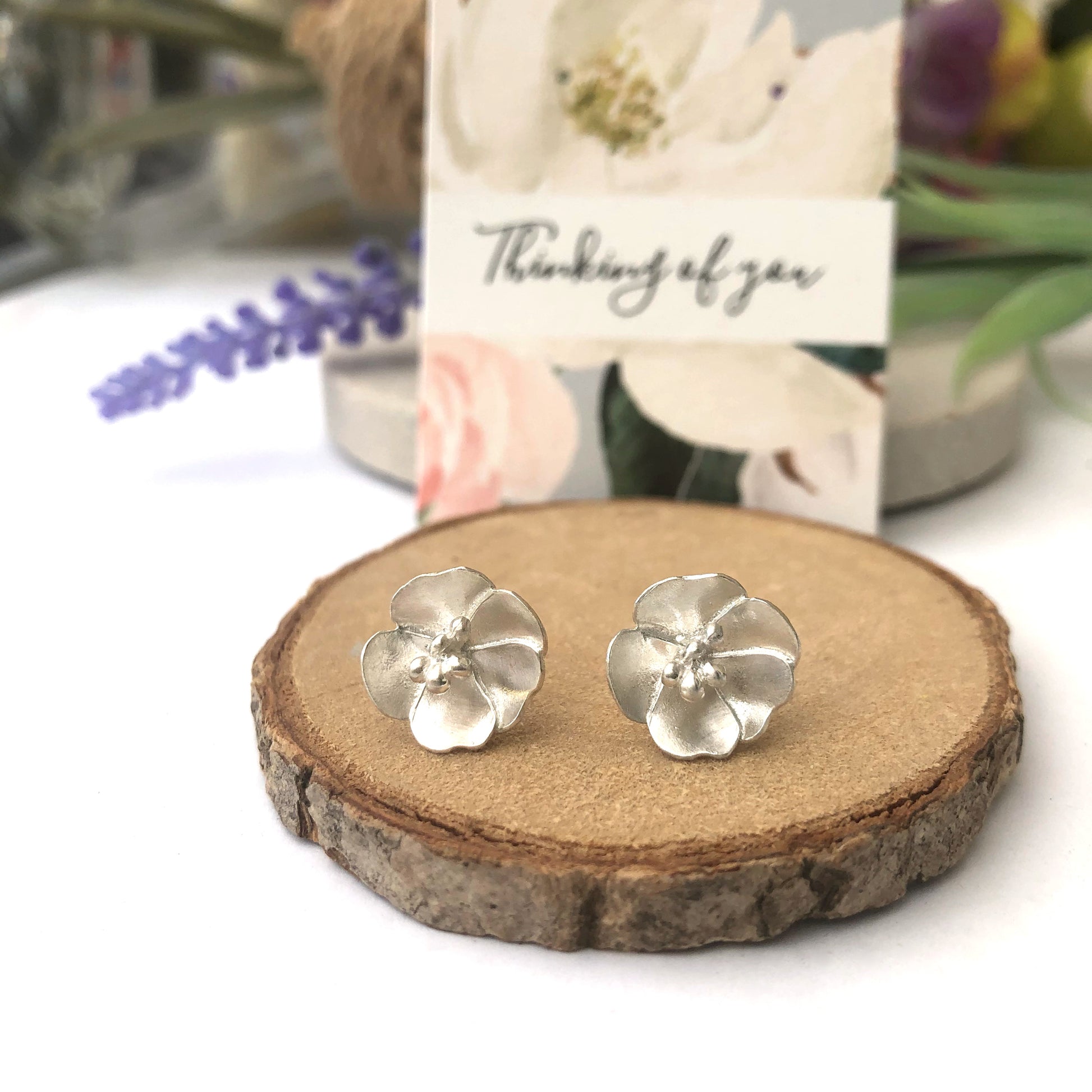 sterling silver flower earrings with thinking of you card