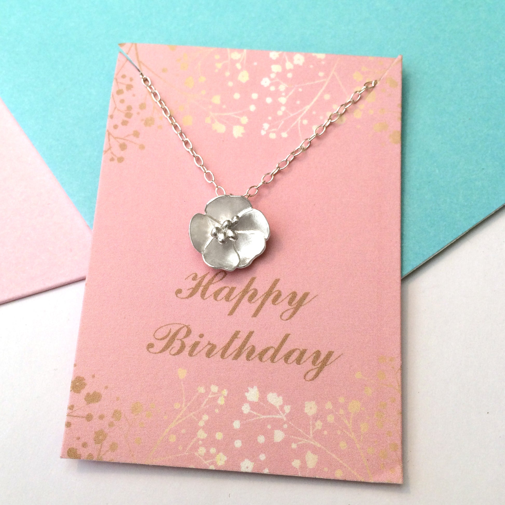 flower charm necklace with happy birthday gift card