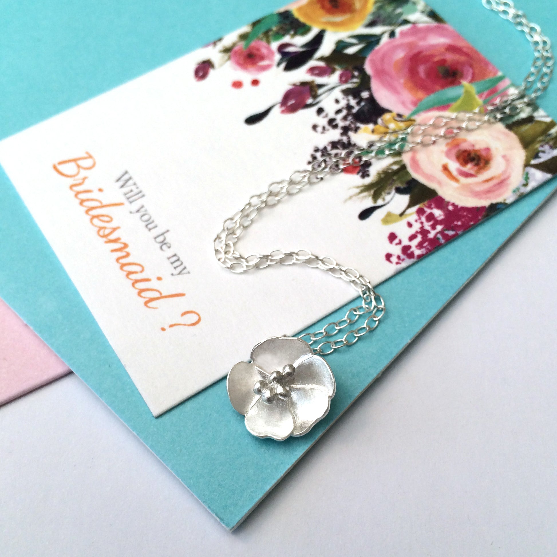 sterling silver flower necklace with will you be my bridesmaid gift card