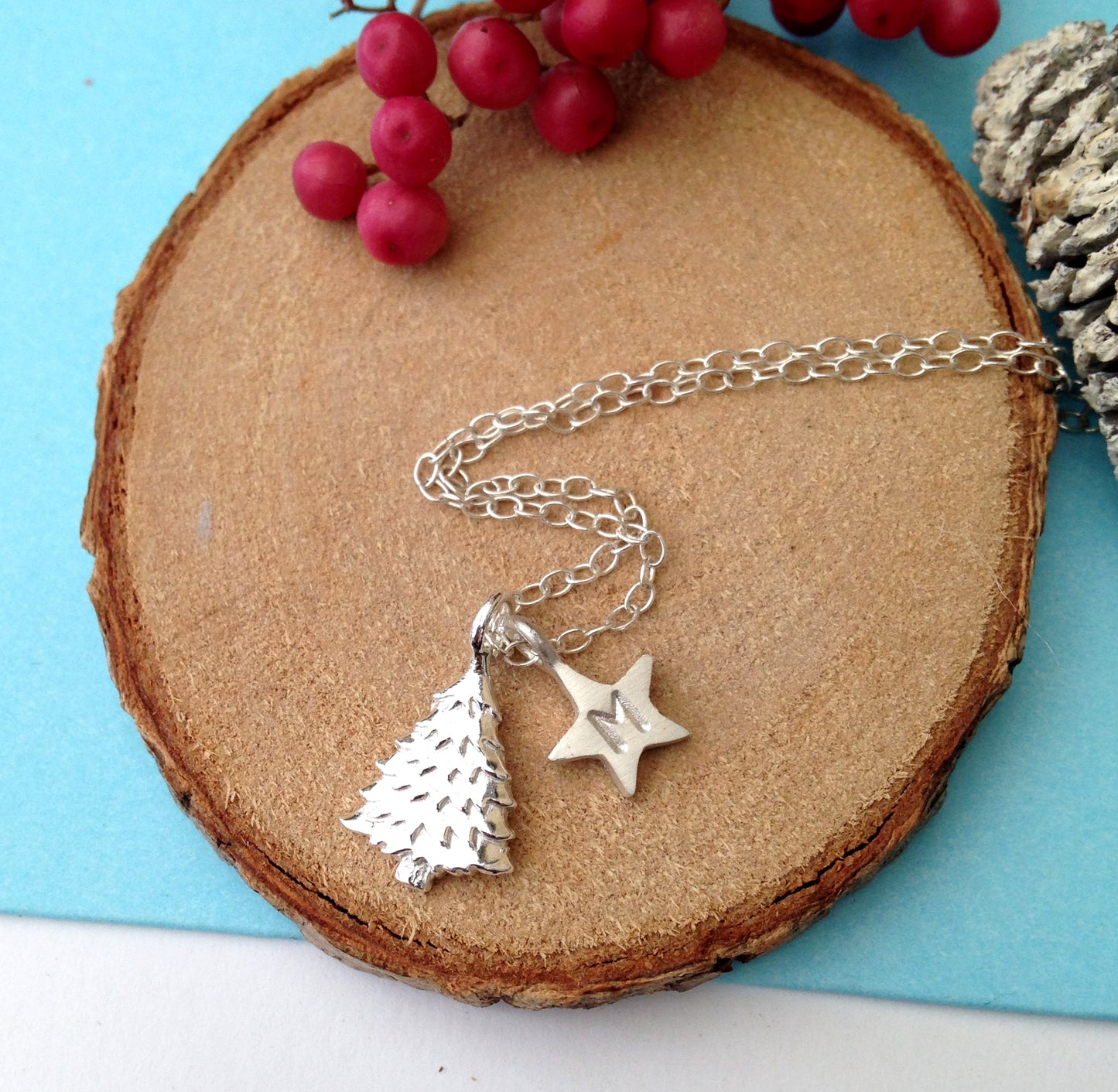 Personalised Sterling Silver Christmas Tree Initial Star Necklace