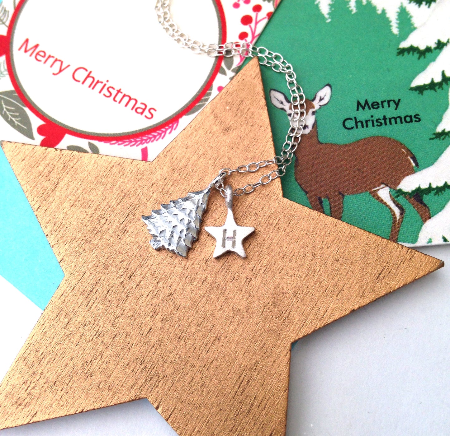 Personalised Sterling Silver Christmas Tree Initial Star Necklace