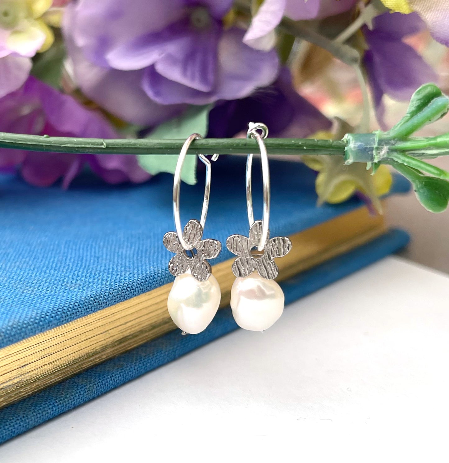 Delicate Leaf And Pearl Sterling Silver Hoop Earrings