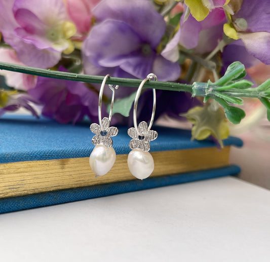 Delicate Leaf And Pearl Sterling Silver Hoop Earrings