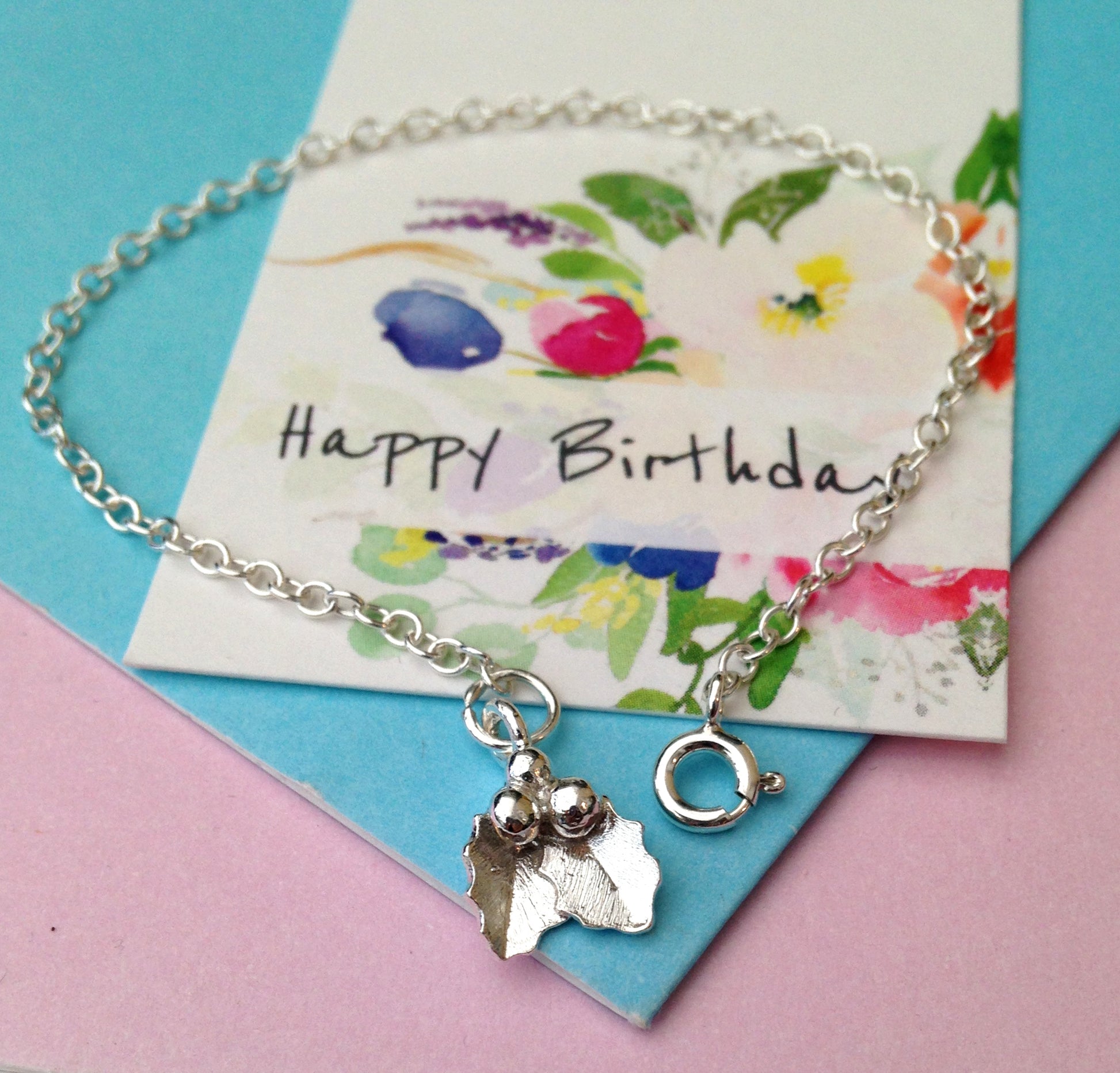 holly bracelet with happy birthday gift card