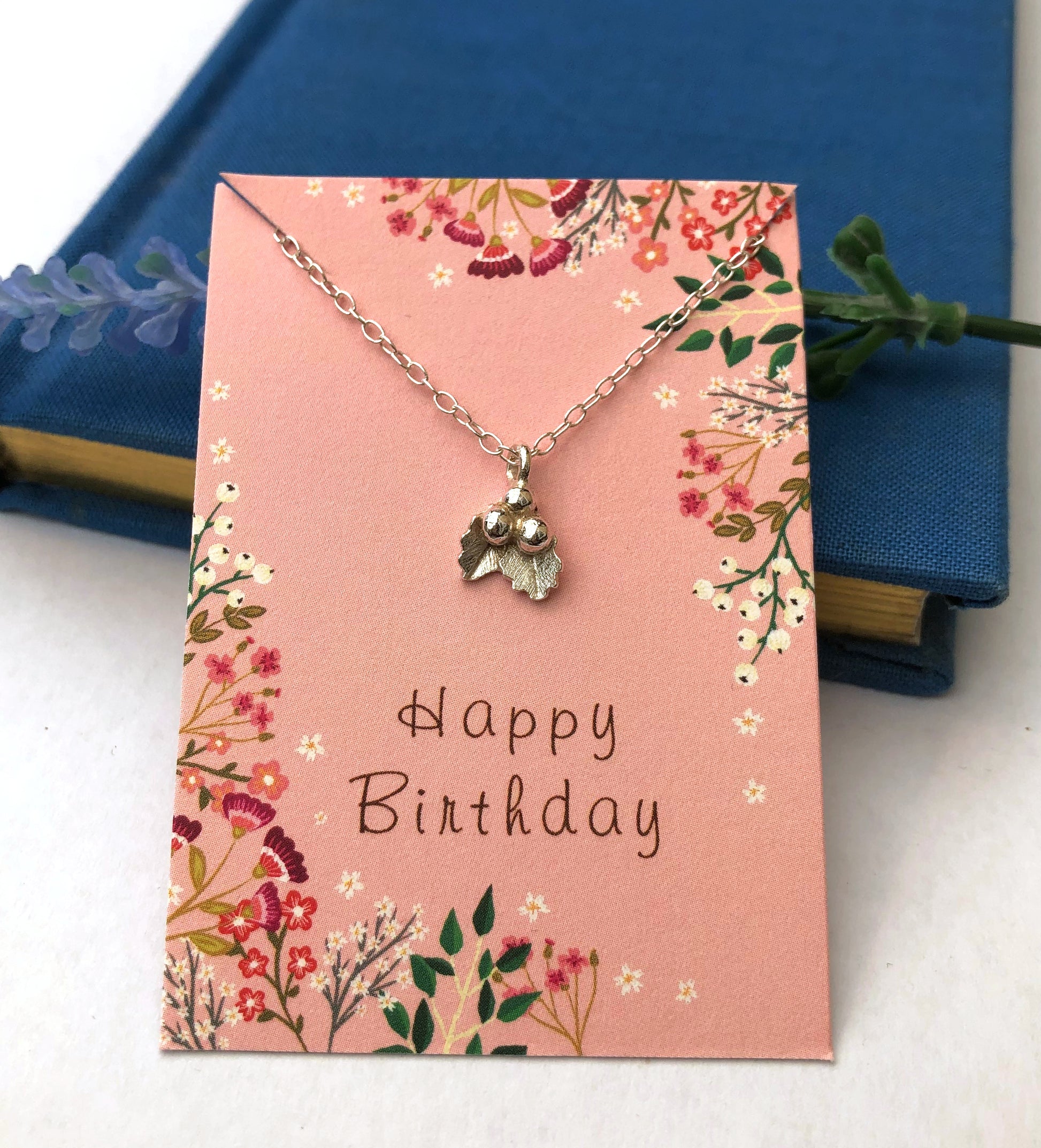 small holly necklace with happy birthday gift card