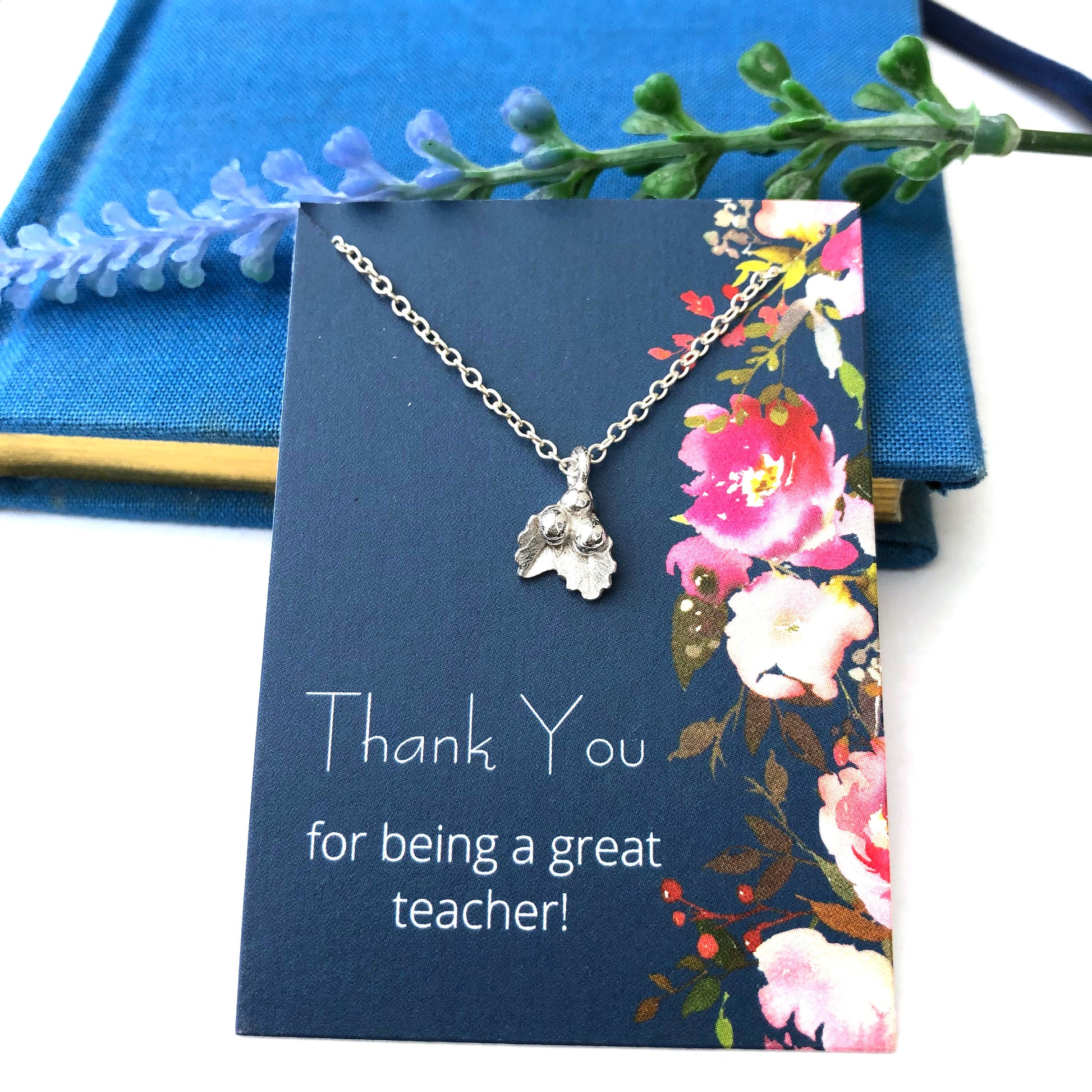 mini holly necklace with thank you teacher gift card