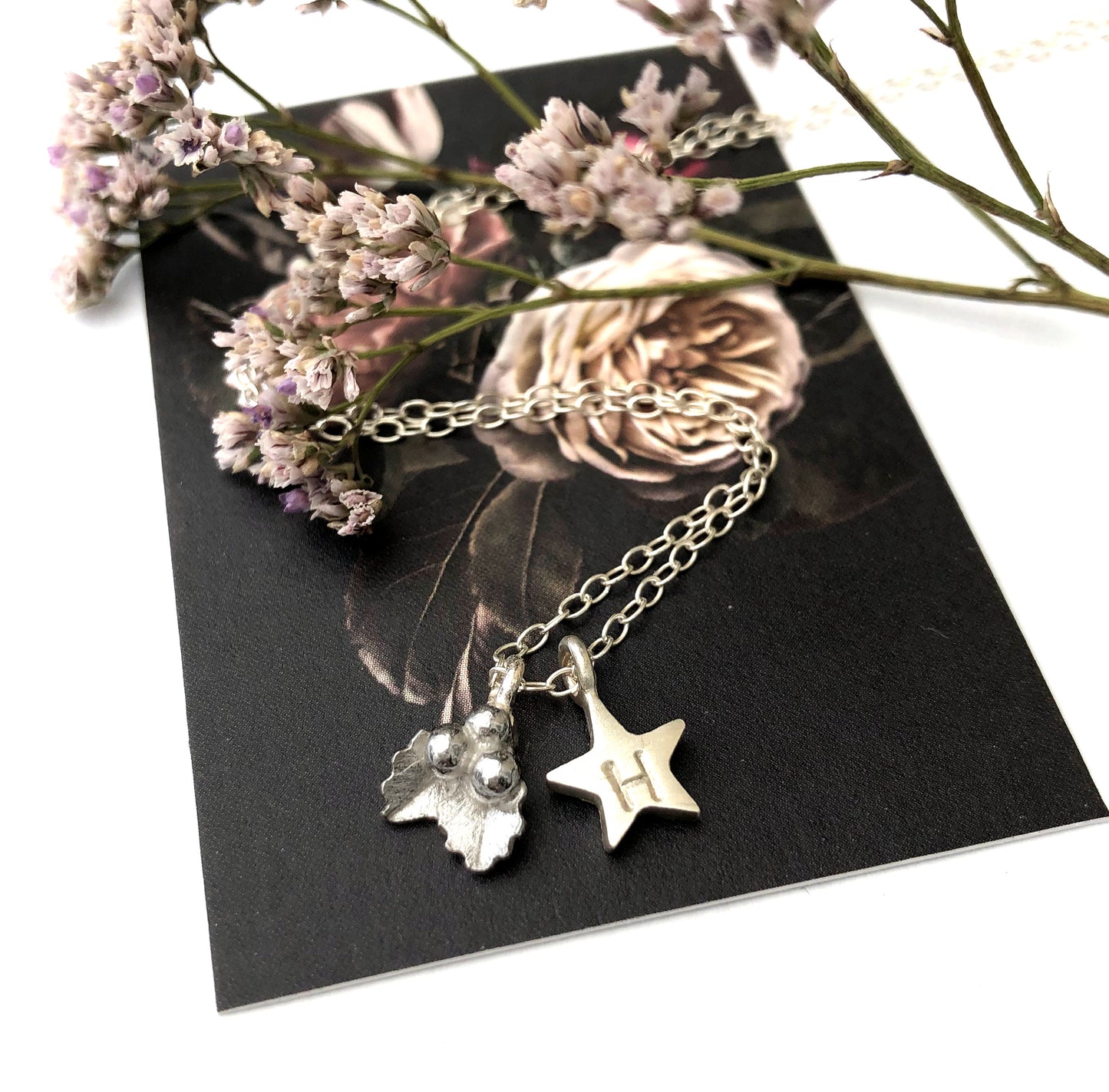Holly Necklace With Initial Star Charm with flower gift card