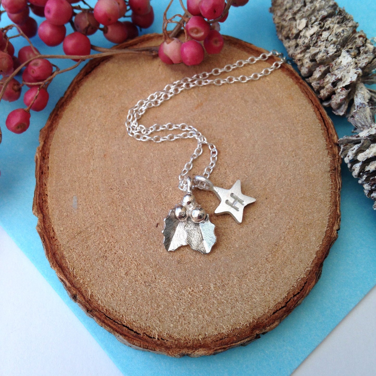 Personalised Small Holly And Initial Star Sterling Silver Necklace
