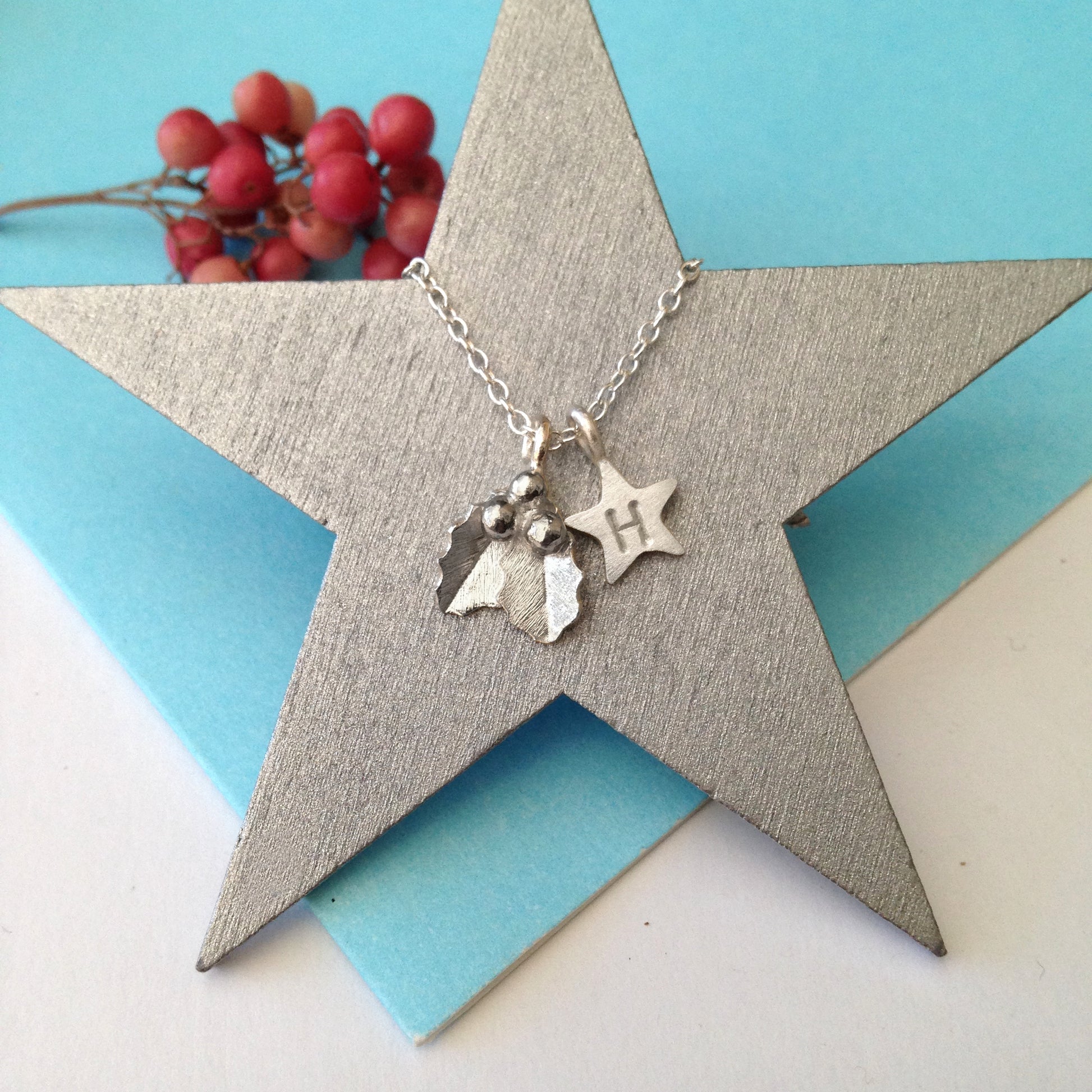 Personalised Small Holly And Initial Star Sterling Silver Necklace birthday gift