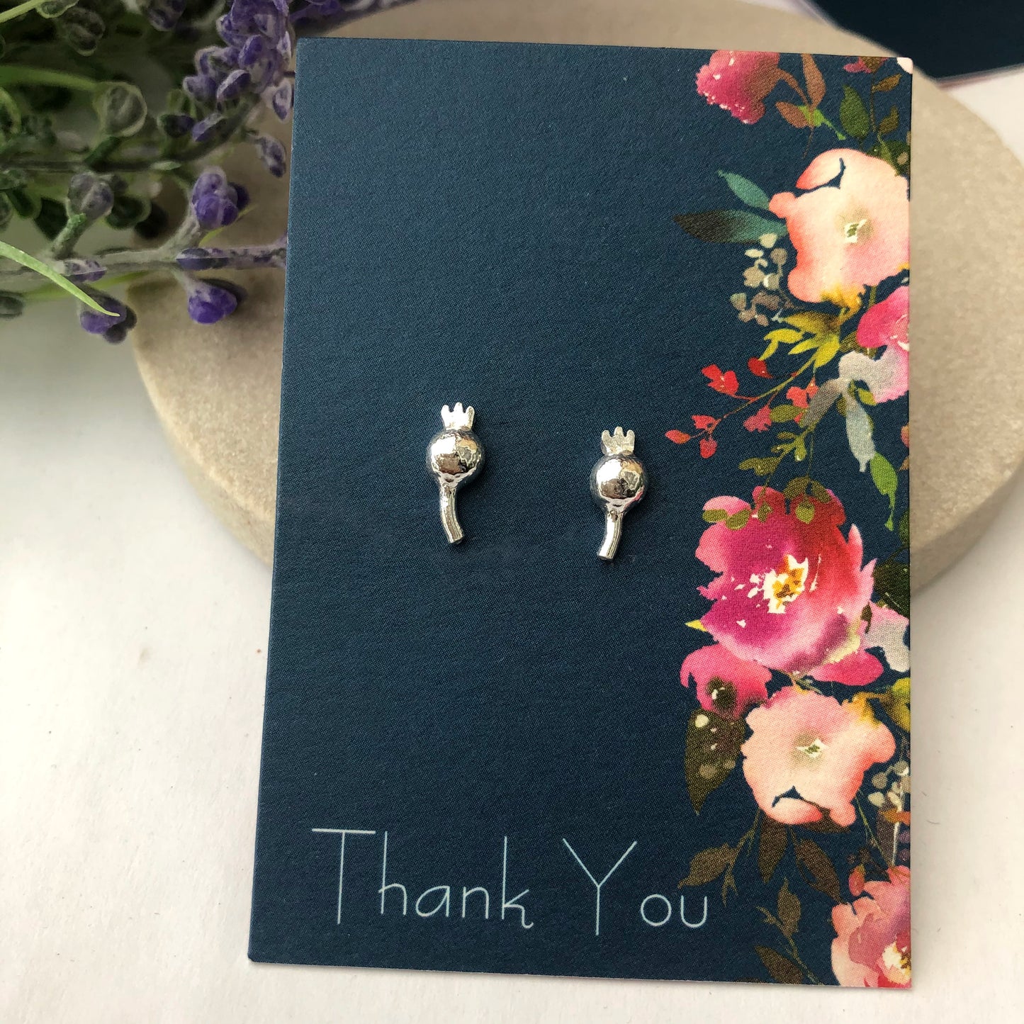 Sterling Silver Poppy Seed Head Earrings with thank you gift card