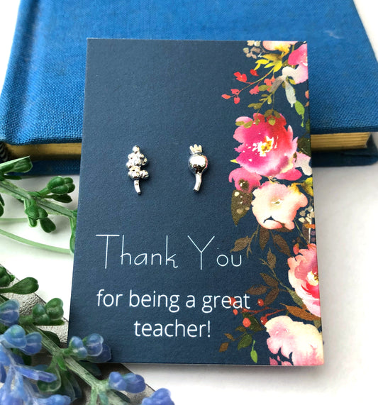 Mismatched Lavender And Poppy Seed Head Sterling Silver Earrings with Thank You for being a great Teacher Gift card