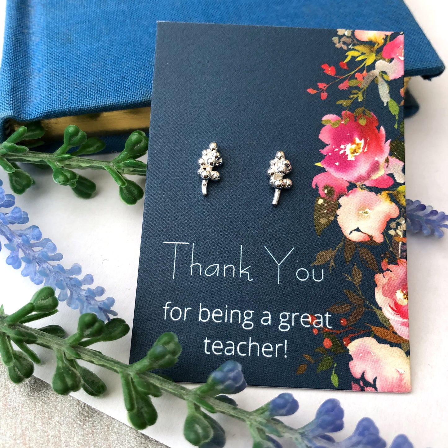 sterling silver lavender flower stud earrings with thank you teacher card