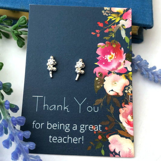 Sterling Silver Mini Lavender Earrings with  Thank you for being a great Teacher  gift card