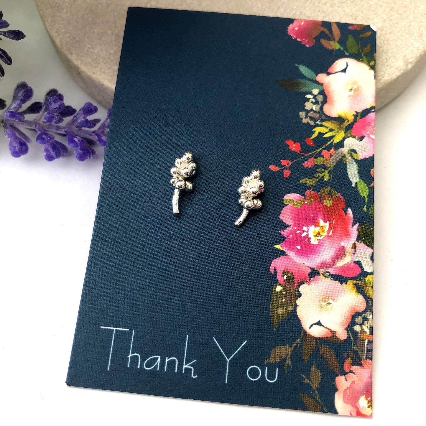 sterling silver mini lavender earrings with thank you card