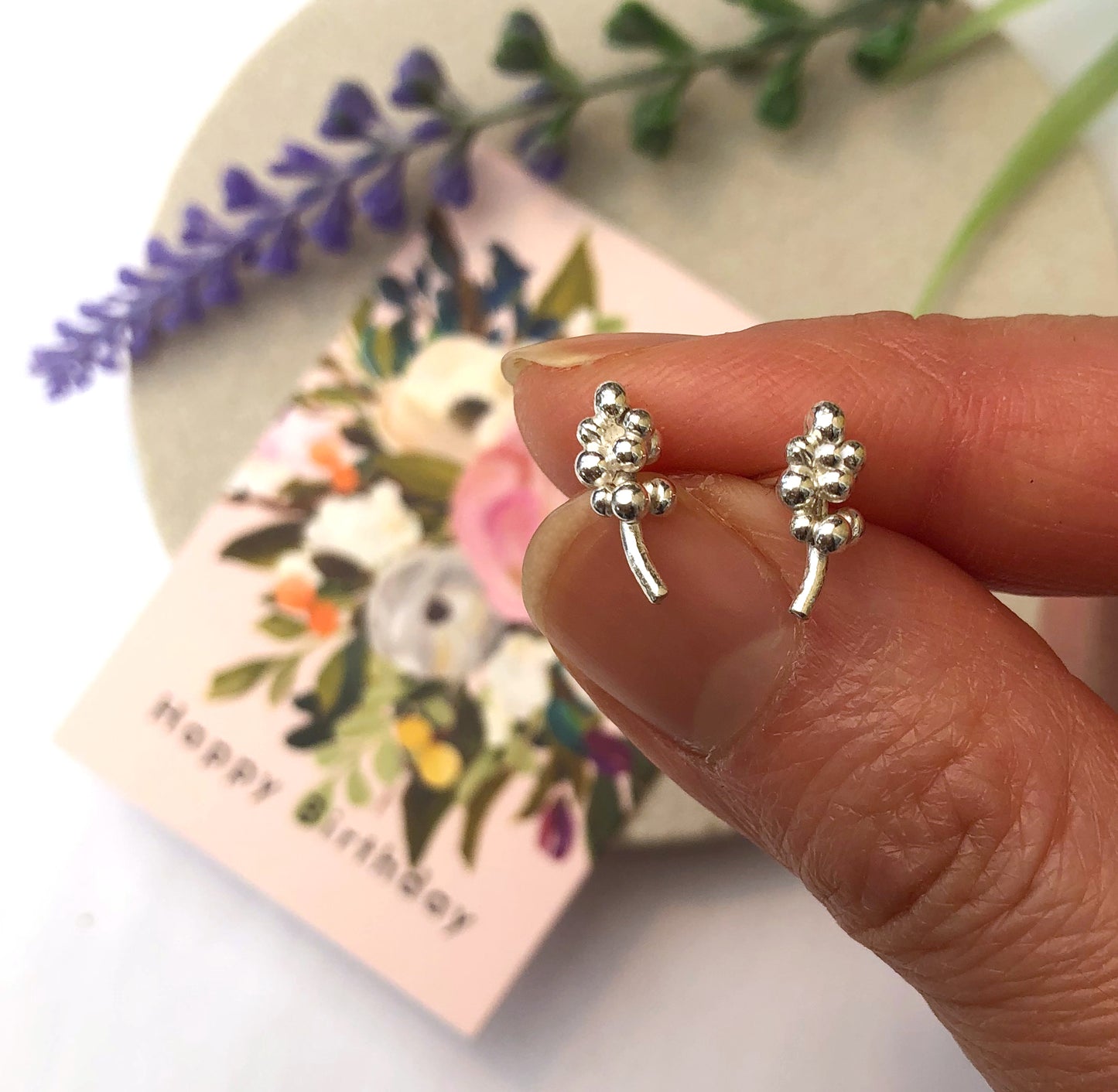 Sterling Silver Mini Lavender Earrings, Cute Flower Jewellery