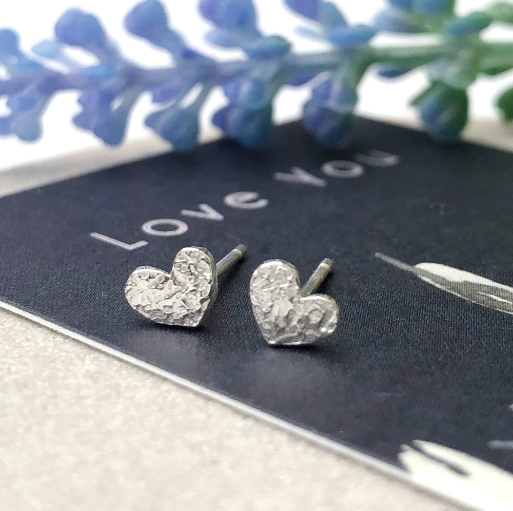sterling silver mini textured heart stud earrings with love you gift card - a ring a day