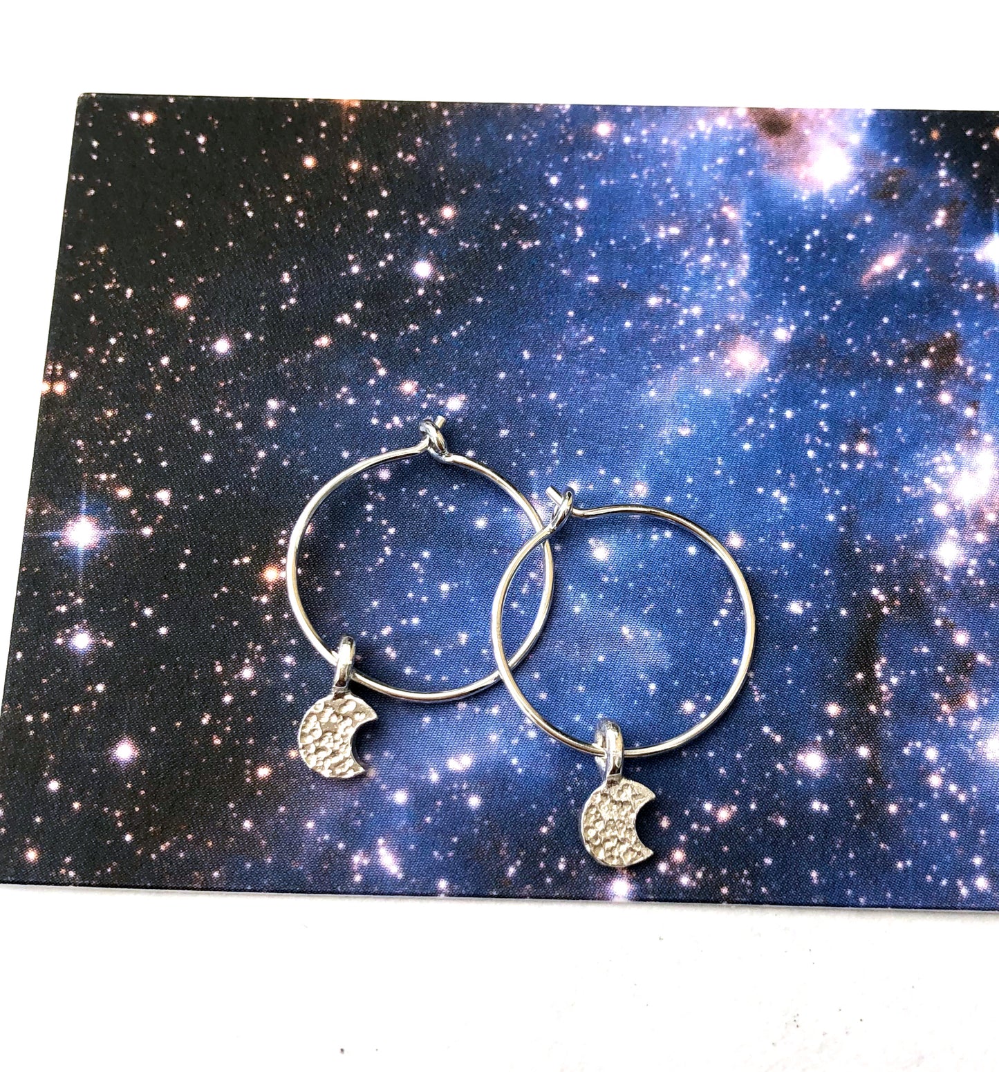 Cute Sterling Silver Mismatched Tiny Moon Hoop Earrings