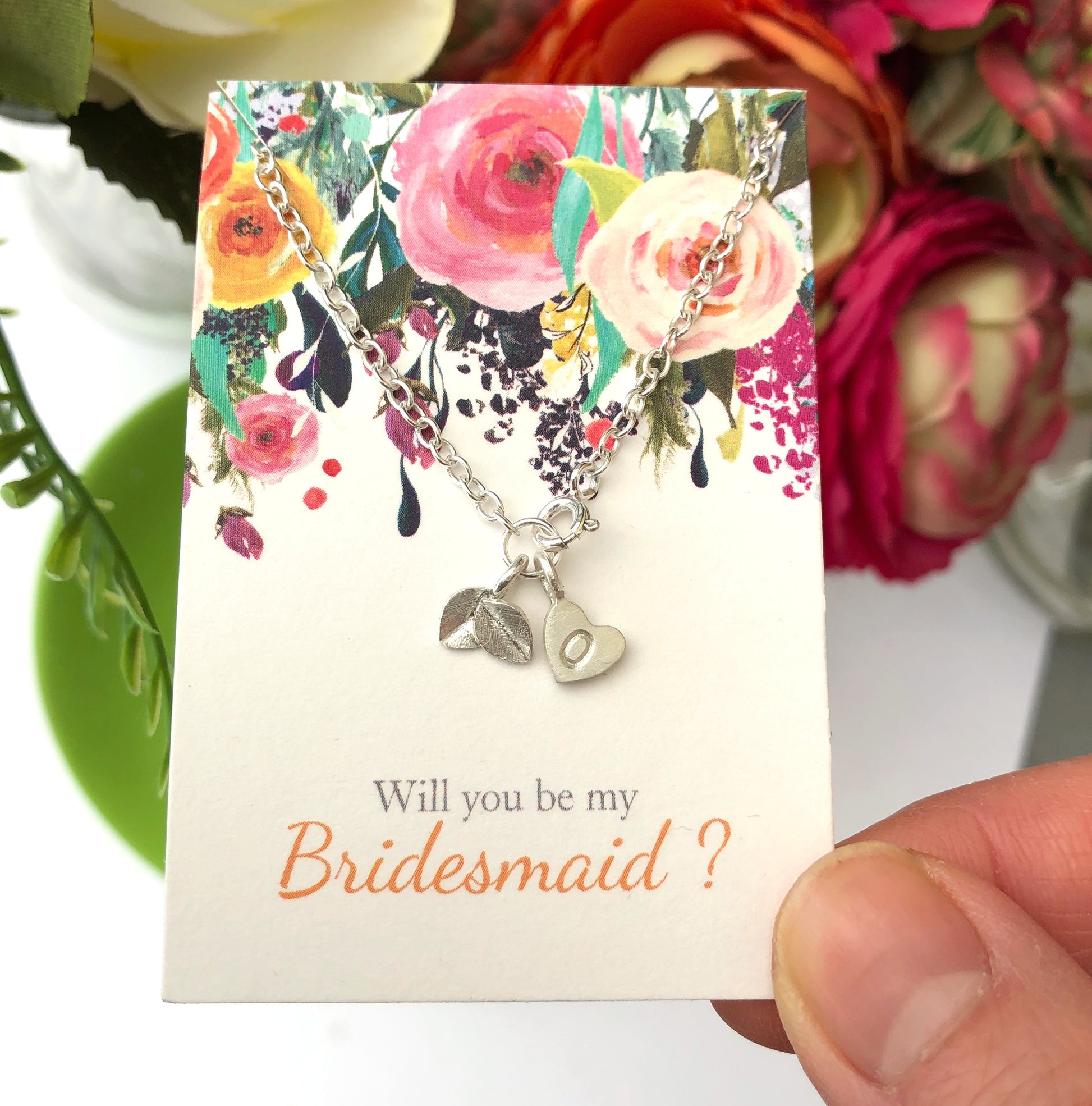 Sterling Silver Small Leaf And Initial Heart Bracelet with will you be my bridesmaid gift card