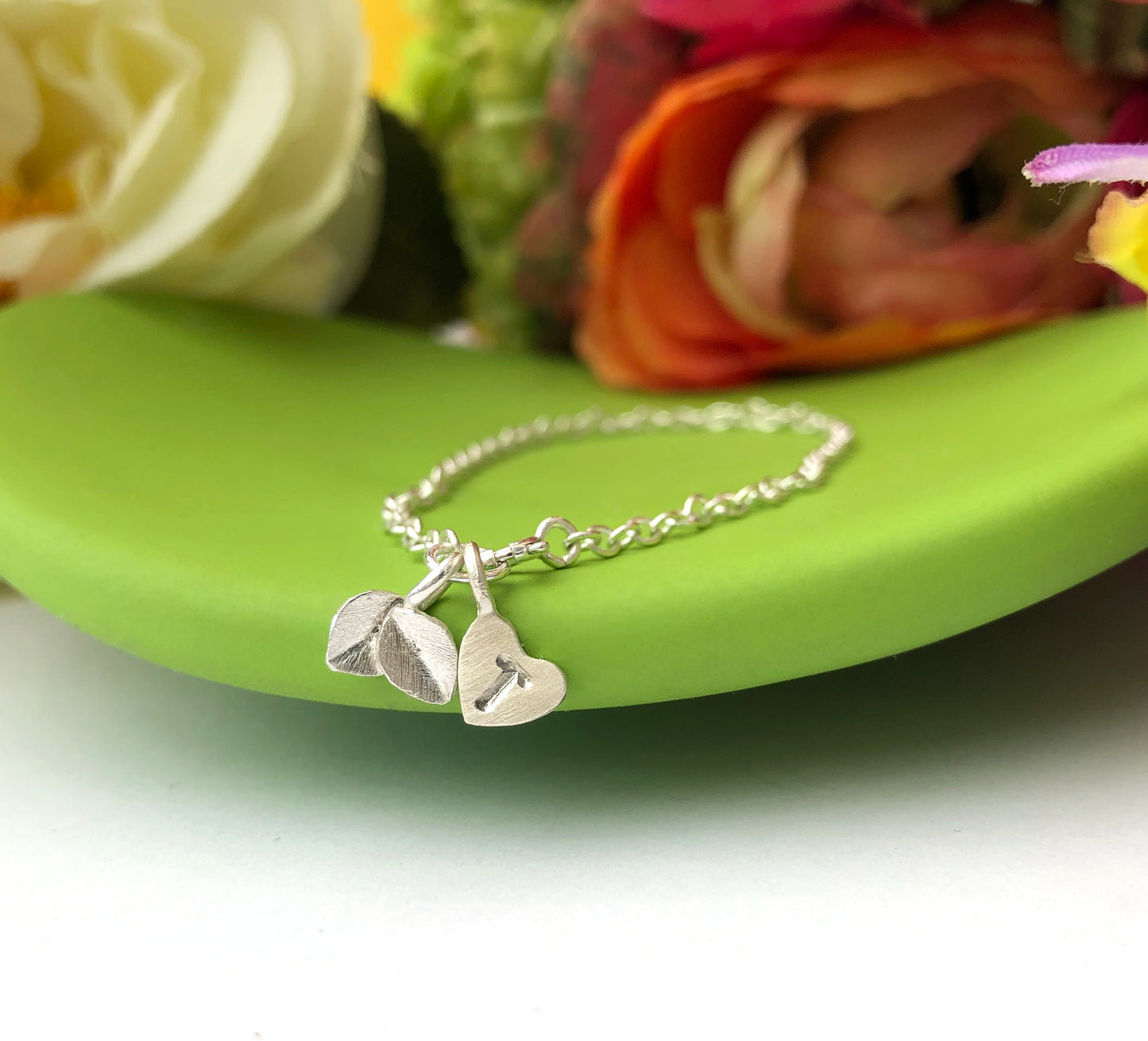 Sterling Silver Small Leaf And Initial Heart Personalised Charm Bracelet