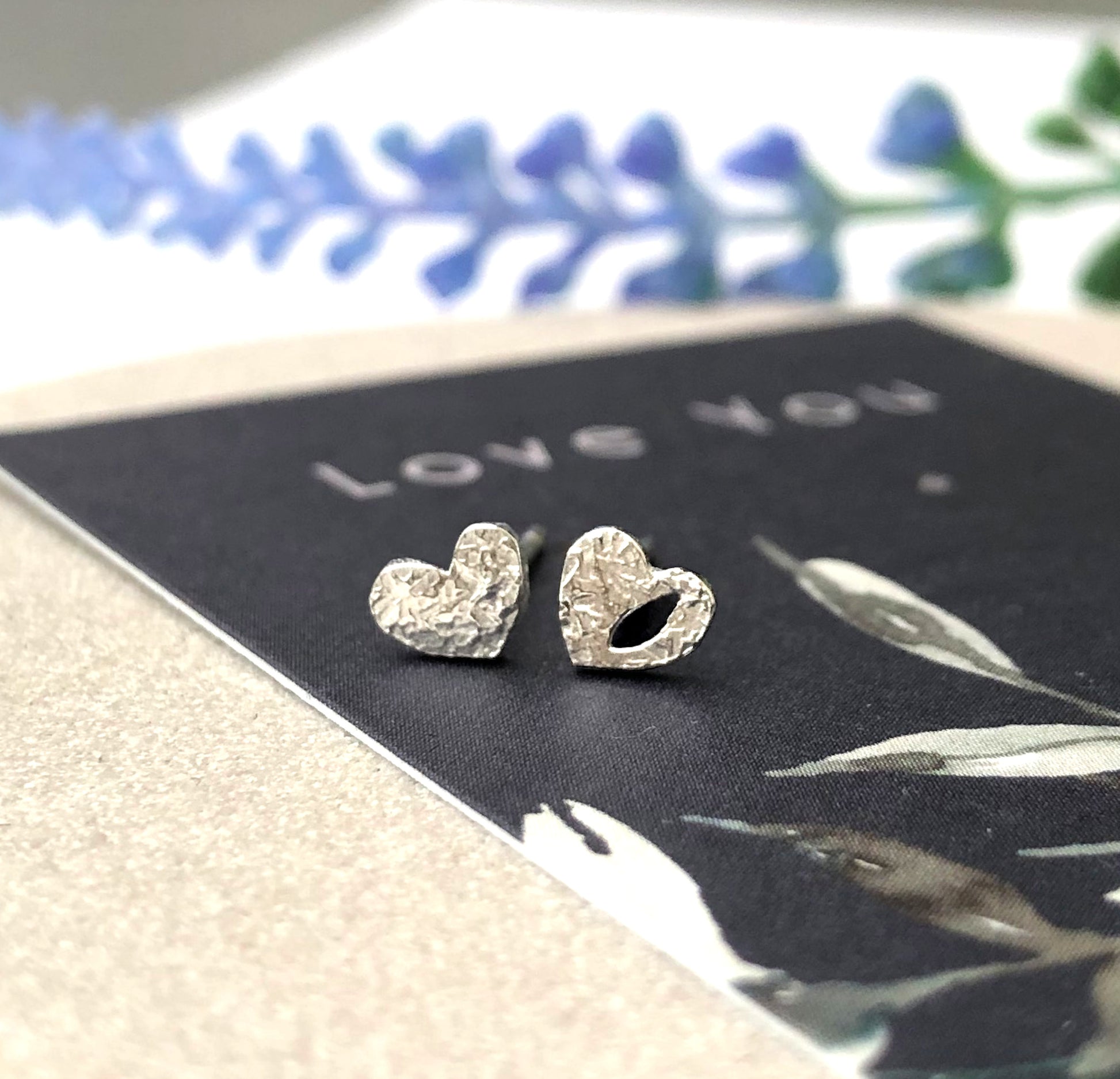 Mismatched Heart Sterling Silver stud Earrings love you gift card