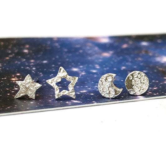 sterling silver star, hollow star, crescent moon and full moon earrings 